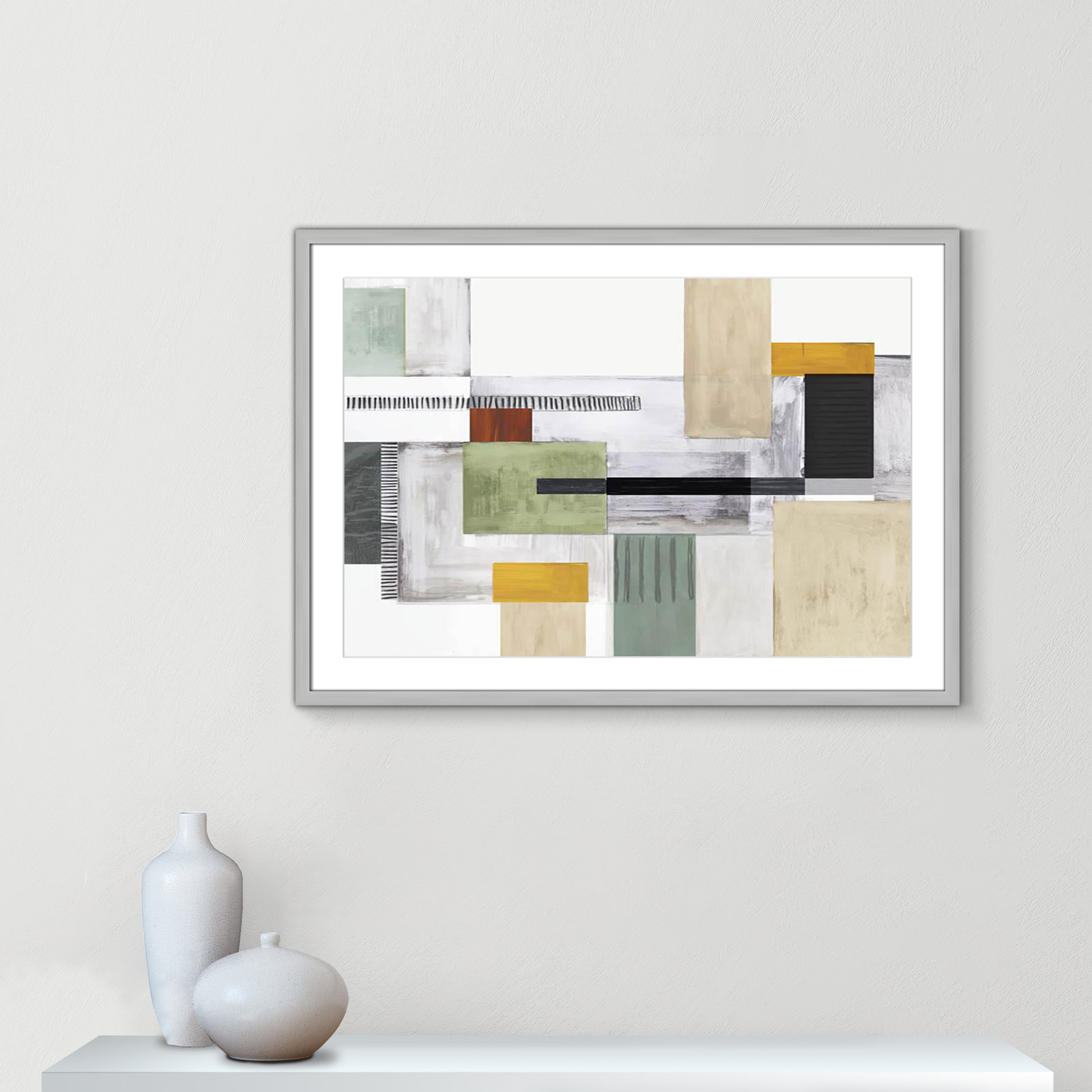 Playful Blocks Print by Tom Reeves, 25.5" H x 35.5" W x 1.25" D, Silver Box Picture Framed, White