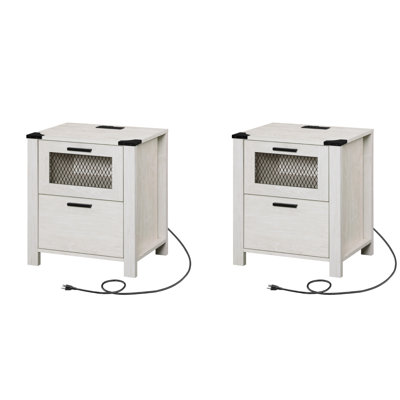 2 Pack Nightstand With Charging Station,Farmhouse End Table With 2 Drawers, Rustic Sofa Side Bedside Table For Bedroom And Living Room