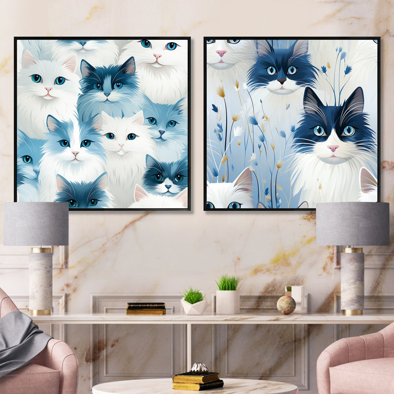 Chat bleu avec empreintes d'animaux pour chambre de bébé, Cadre flottant noir, H 16 po x l 33 po