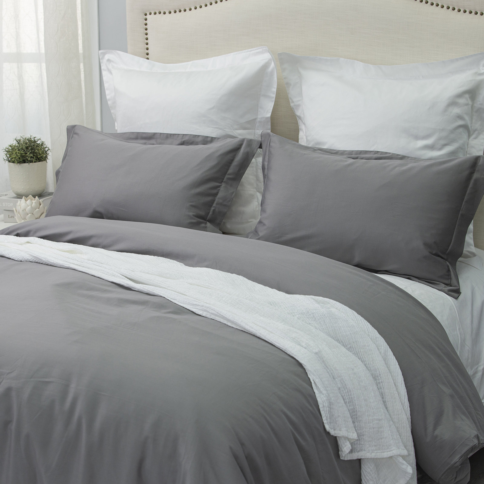 Cotton Sateen Duvet Cover Set, Dark Gray, King Duvet Cover + 2 King Shams