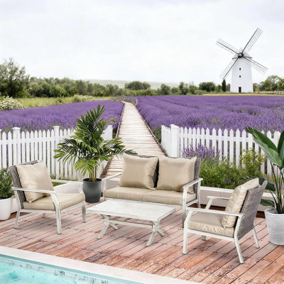 Ensemble de conversation en osier beige avec coussins pour la cour, la piscine et le jardin