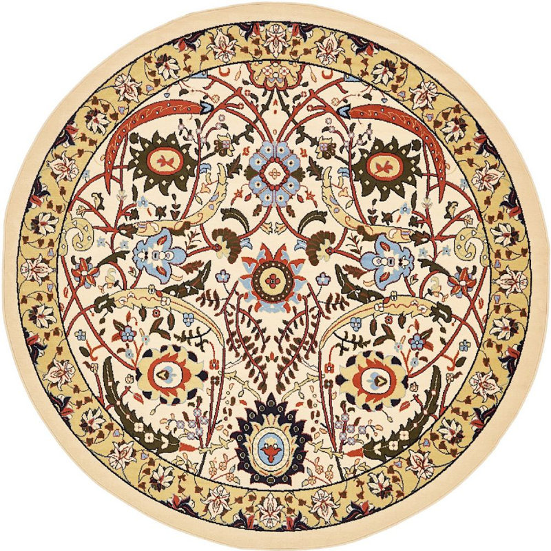 Tapis beige à motif floral Kashan, Rond 8 pi
