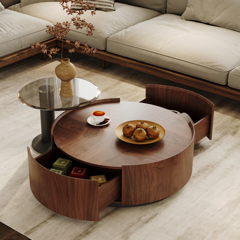 2-Piece Modern Round Nesting Coffee Table Set with 8mm Tempered Glass Top & Dual Storage Drawers - Space-Saving Walnut Wood Accent Tables for Living Room, Home Office