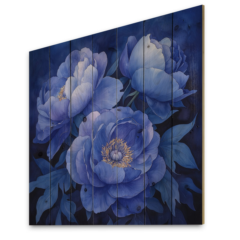 Midnight Blue Peonies Bouquet III - Peonies Wood Wall Decor - On Natural Pine Wood, 36" H x 36" W x 0.78" D