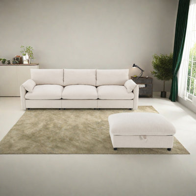 Chenille Sectional Sofa With Storage Ottoman And Pockets,Adjustable Phone Holder,Wide Seat,4 Seat L Shaped Couch Set,Comfy Sofa With USB Charger For Living Room,Apartment