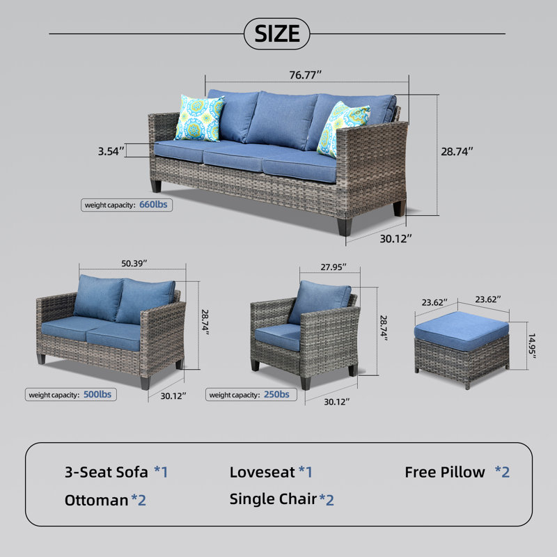 Ensemble de conversation d'extérieur pour 7 personnes avec coussins, Bleu denim