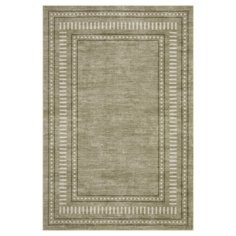 Bordered Machine Washable Area Rug with Non-Slip Backing Non-Slip Living Room Rug Easy-Cleaning Floor Carpet, Green