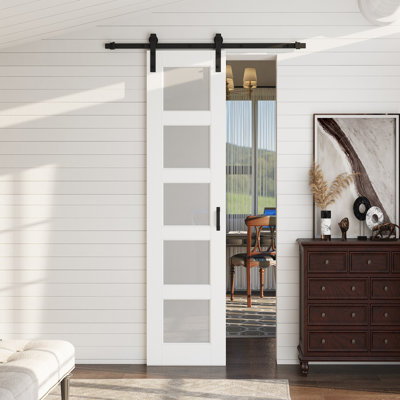 96'' Height, 5-Lites, White, Glass Sliding Barn Doors with Installation Hardware Kit (Soft-Close)
