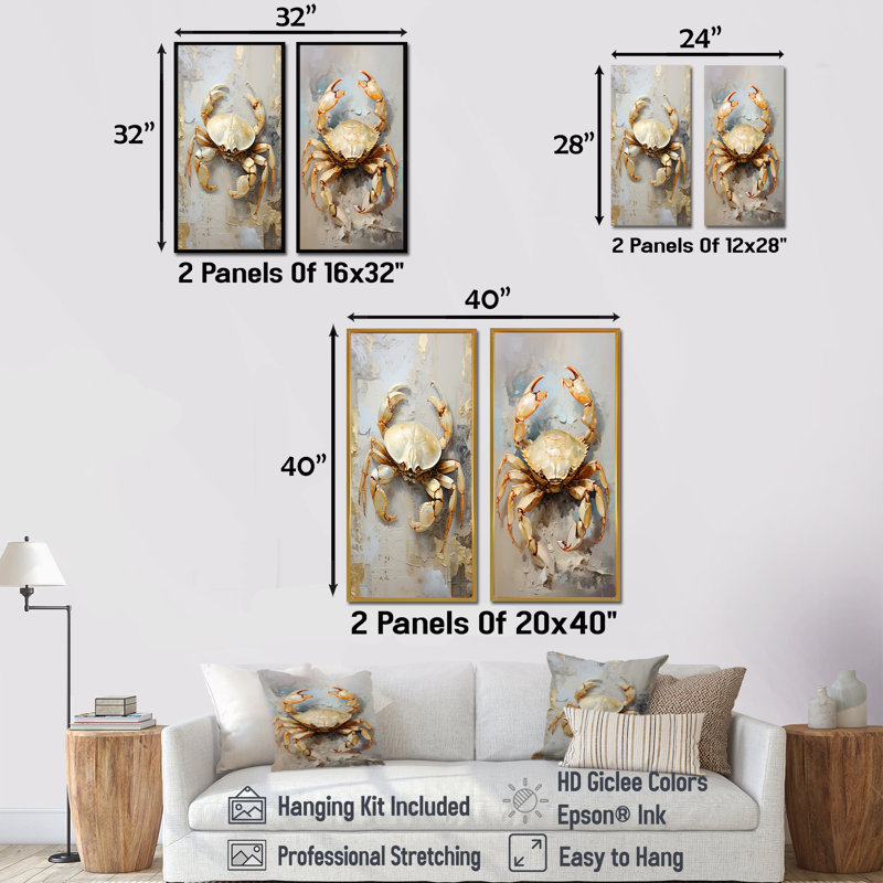 Minimalisme crabe, ensemble de 2 reproductions d'art mural crabe, Toile tendue, H 28 po x l 25 po