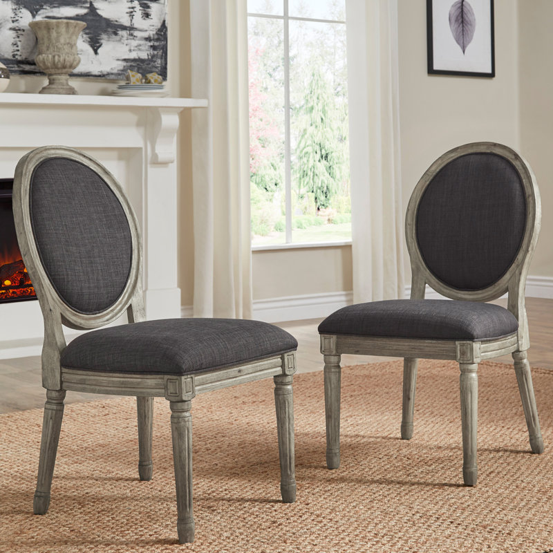 Hildemar 19'' H Linen Upholstered Side Chair, Dark Gray, Antique Gray Oak
