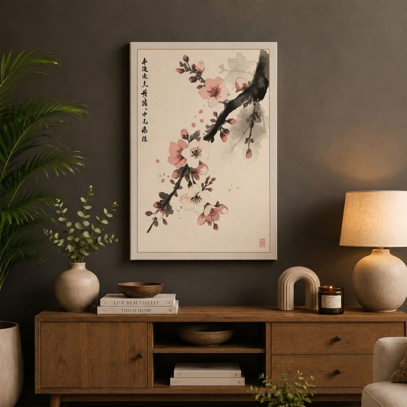 Moonlit Cherry Blossom Japandi - Wrapped Canvas, 36x24 - 91.4 x 61.0 cm, Cream Border