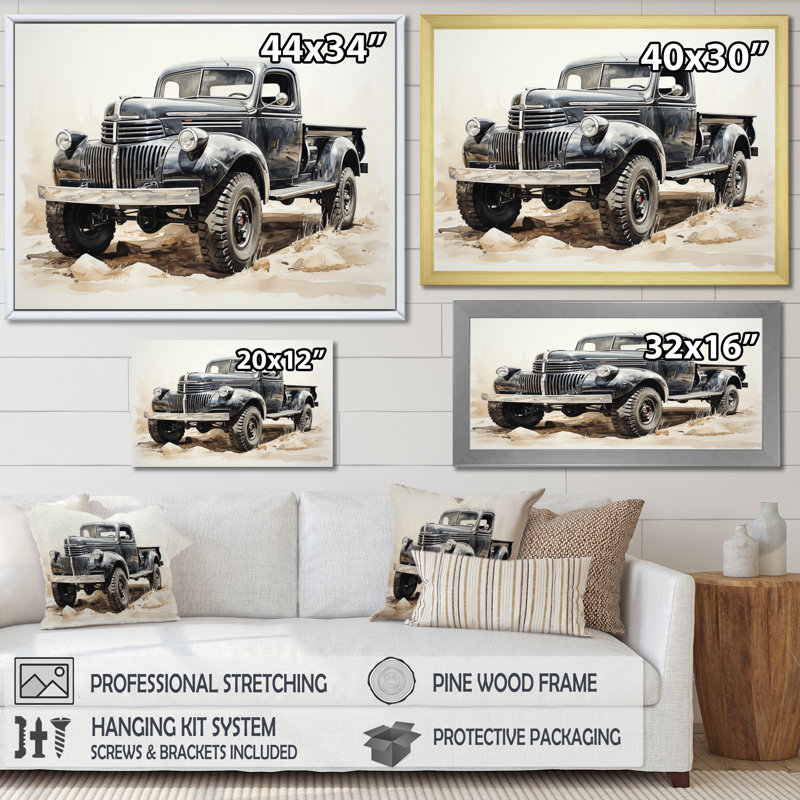 Minimalist Pickup Truck Monochrome - Transportation Wall Art Living Room, H 24 po x l 32 po x P 1 po, Cadre flottant noir