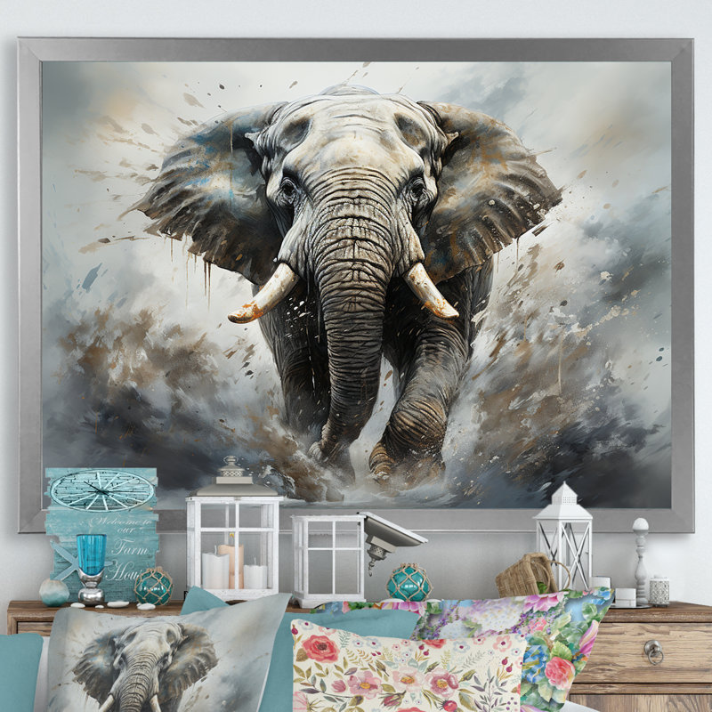 «Elephant Symphony Stampede», reproduction sur toile, Cadre simple argenté, H 34 po x l 44 po x P 1,5 po