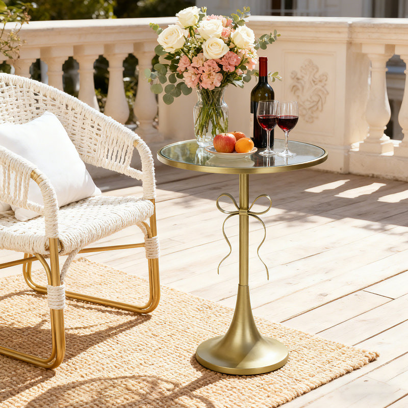 Metal Round Side Table with Mirror Top and Retro Bow Design, Gold Martini Drink Table, Stylish Accent End Table for Small Space, Living Room, Couch, Patio