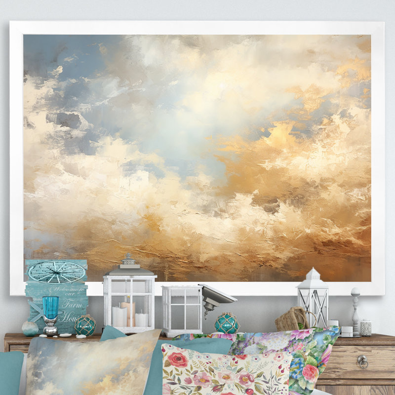 Beige doré minimalisme nuages V - nuages mur art salon, H 34 po x l 44 po x P 1,5 po, Cadre photo blanc