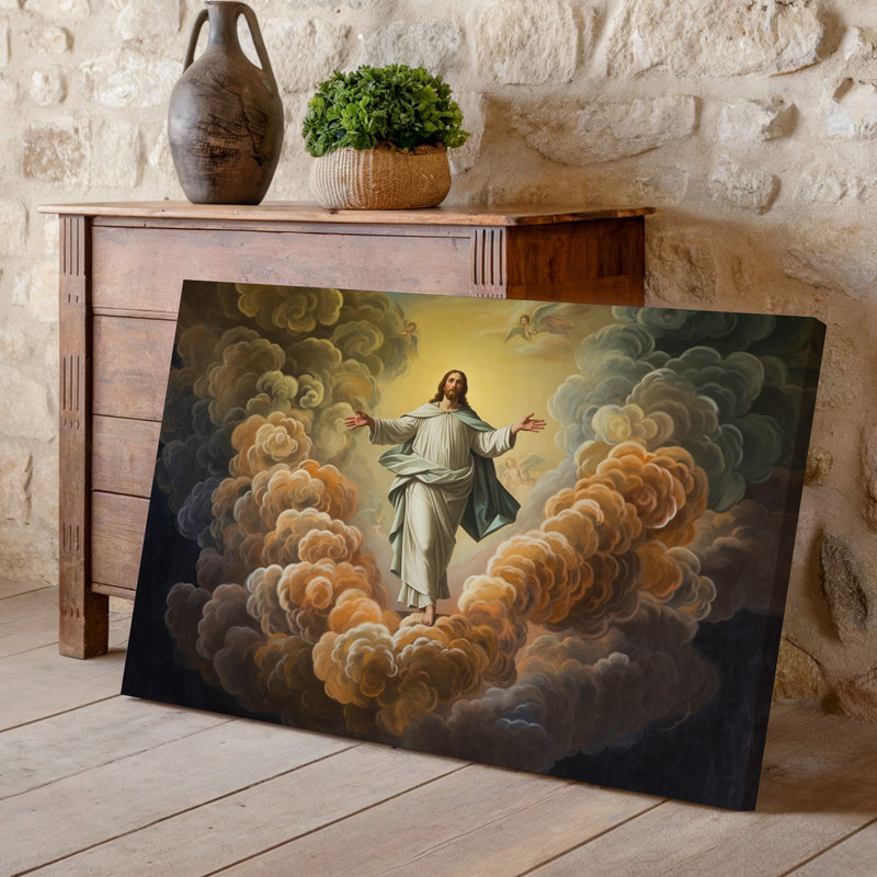 Toile, une scène céleste représentant une figure dans une robe blanche qui coule, H 9 po x l 12 po