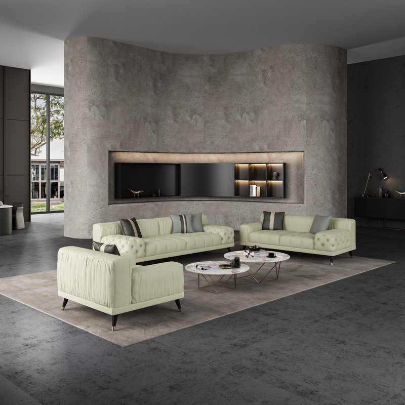 3 Pieces Outlander Sofa Set Off White Italian Leather, Off White