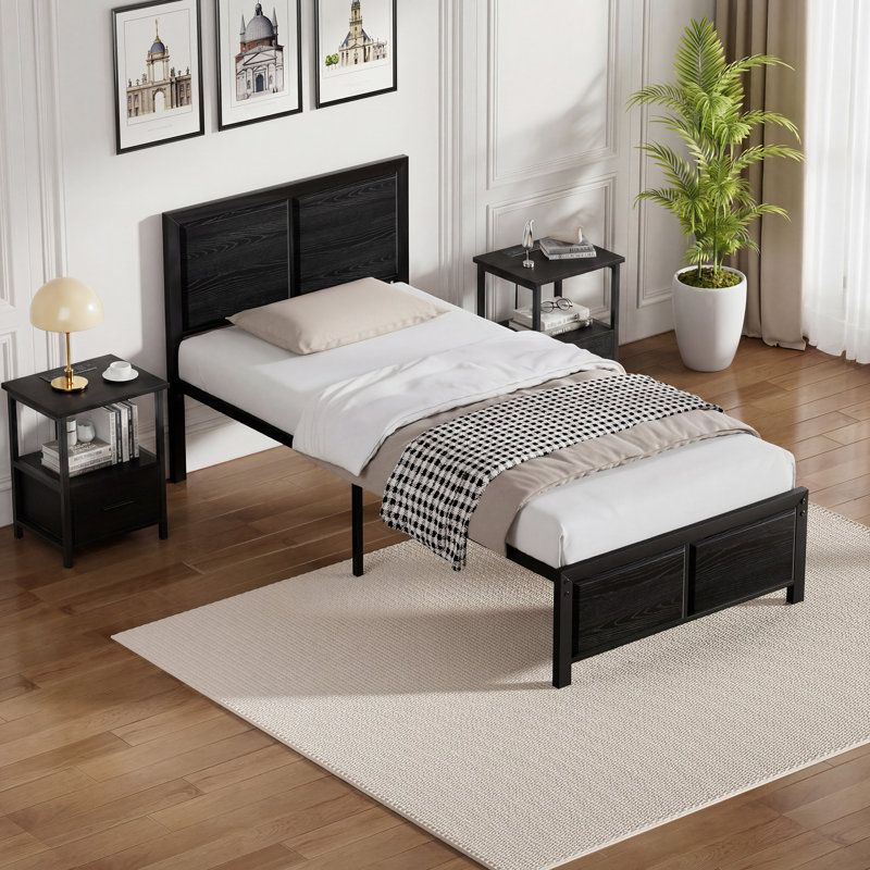 Laurea 3 Piece Bedroom Set, Industrial Bed Frame with 2 Nightstands Set, Metal Platform Bed with Wood Headboard & Footboard, Farmhouse Bedroom Furniture Set with Charging End Tables, 2 AC Outlets & 2 USB Ports, No Box Spring Needed