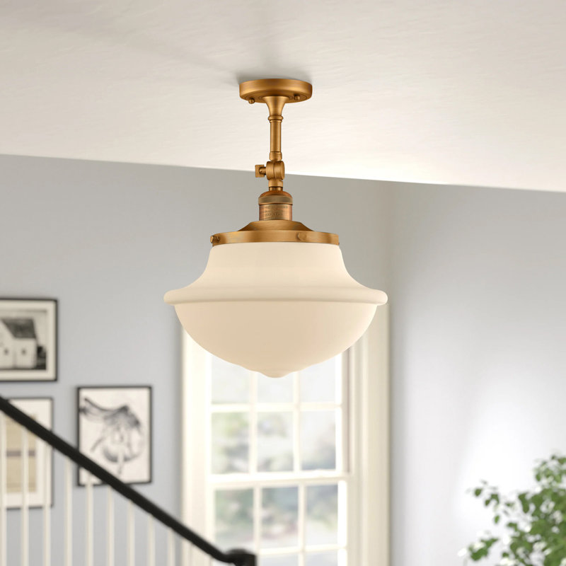 Baptiste Glass Semi Flush Mount, 6 Watt Vinage LED Bulb, Brushed Brass, Matte White