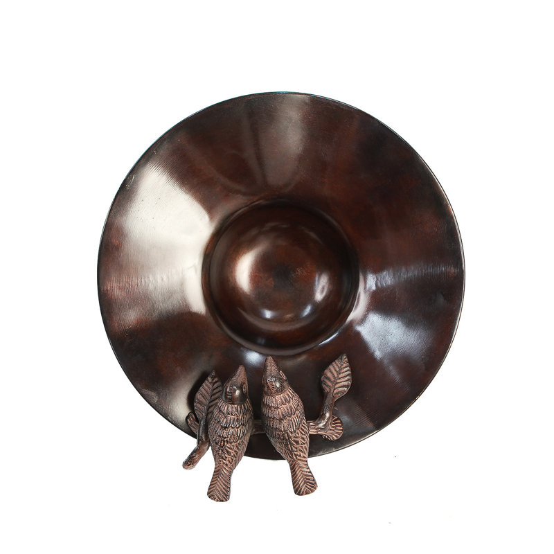 Antique Copper Birdbath with Sculpted Songbirds and Railing Bracket