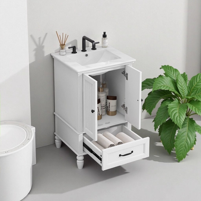 Meuble-lavabo moderne de 20 po avec lavabo en céramique, armoire autoportante blanche avec portes doubles, tiroir, butoirs de porte magnétiques et patins réglables
