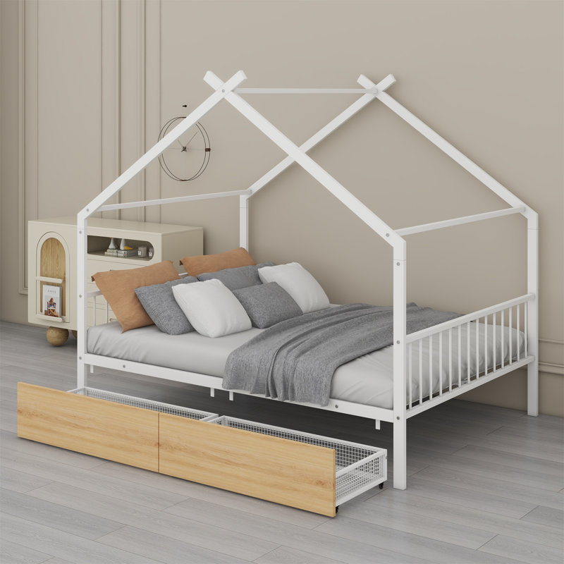 Jude Metal House Bed with Two Drawers,, Full , White