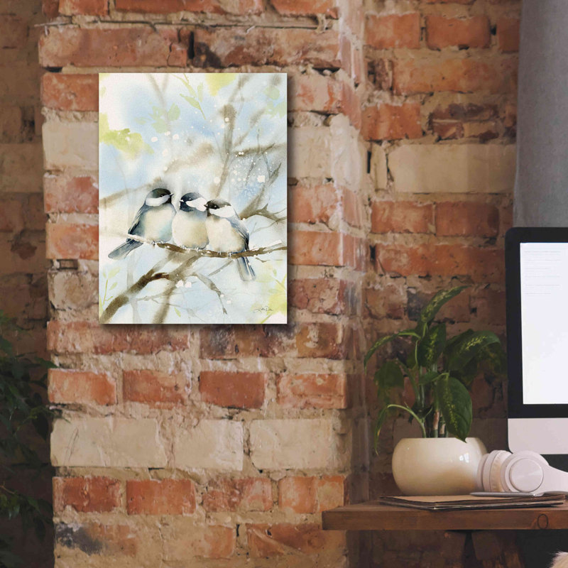 «Three Chickadees in Spring» par Katrina Pete, estampe numérique sur toile, H 16 po x l 16 po x P 0,75 po