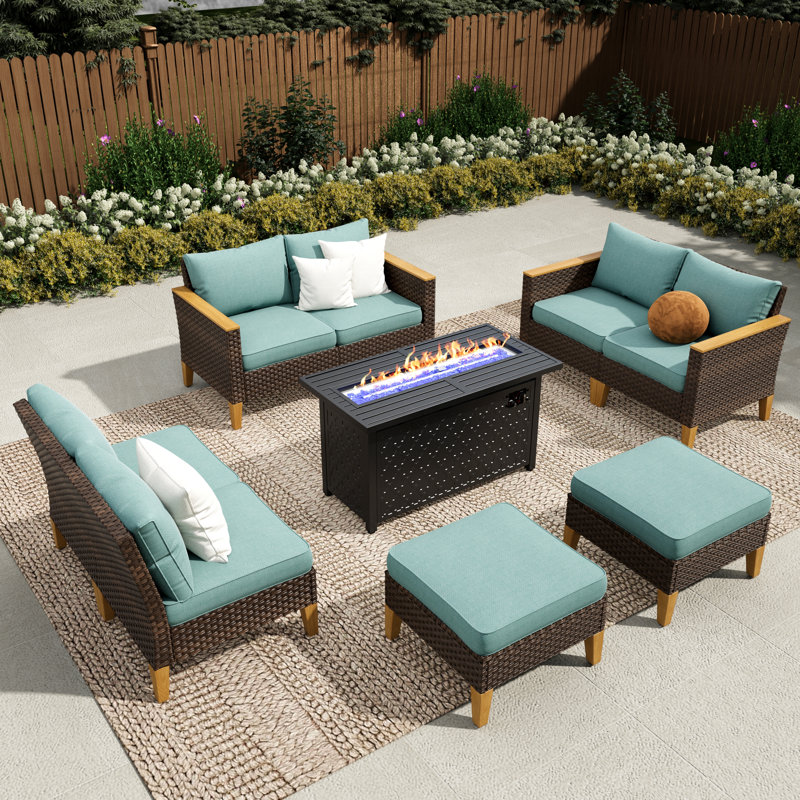 Phenice 9 - Person Wicker Outdoor Patio Conversation Furniture Sectional Set with Fire Pit Table, Blue