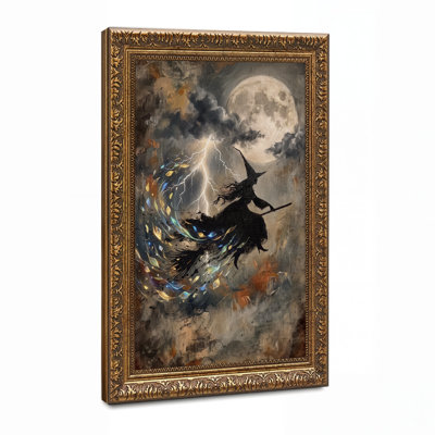 Witch on Broomstick With Full Moon and Lightning Halloween Canvas Wall Art