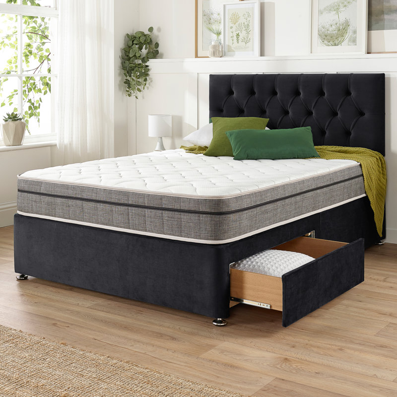 Opie Upholstered Bed with Mattress, Small Single (2'6), 2 Drawers, Onyx