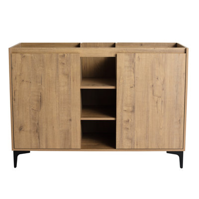 Meuble-lavabo de 48 po autoportant, porte à fermeture en douceur, trois tablettes de rangement ouvertes, base en contreplaqué, portes de style moderne avec 45 poignées à bords inclinés, surfaces, matériau