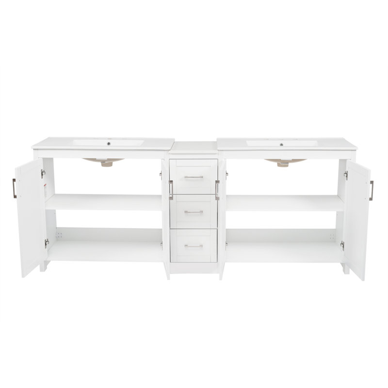 Meuble-lavabo double 84 po, 2 lavabos en céramique et comptoir en quartz 84 po, avec tablettes réglables et 3 tiroirs, grand espace de rangement, poignées en métal argenté et charnières à fermeture en douceur
