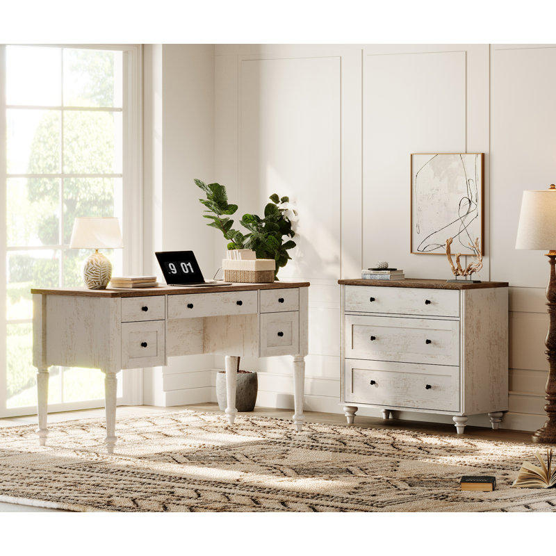 Ensemble de bureau et de commode en bois de style campagnard, commodes pour enfants avec une large commode, organisateur de rangement de garde-robe moderne en bois de style Mid-Century, bureau d'écriture pour bureau à domicile et salon, blanc rustique