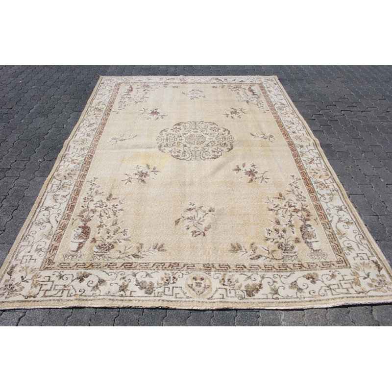 Grand tapis turc beige Oushak - Tapis en laine Anatolian rétro parfait pour le décor du salon