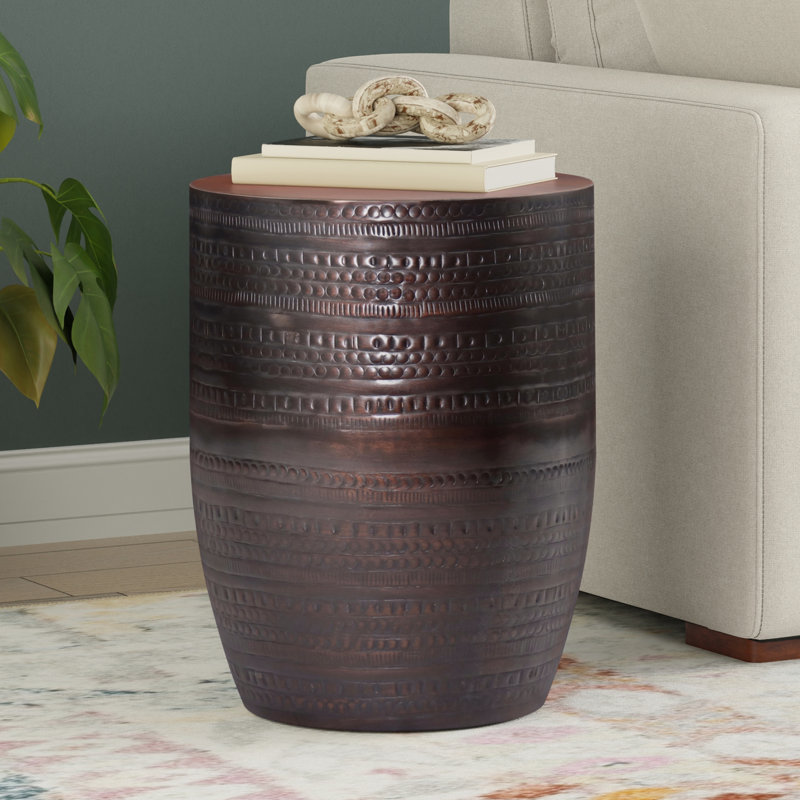 Johnsen 15"W Metal Industrial Boho Tribal Pattern Drum End Table with Textured Finish, Assembled, Oil Rubbed Bronze