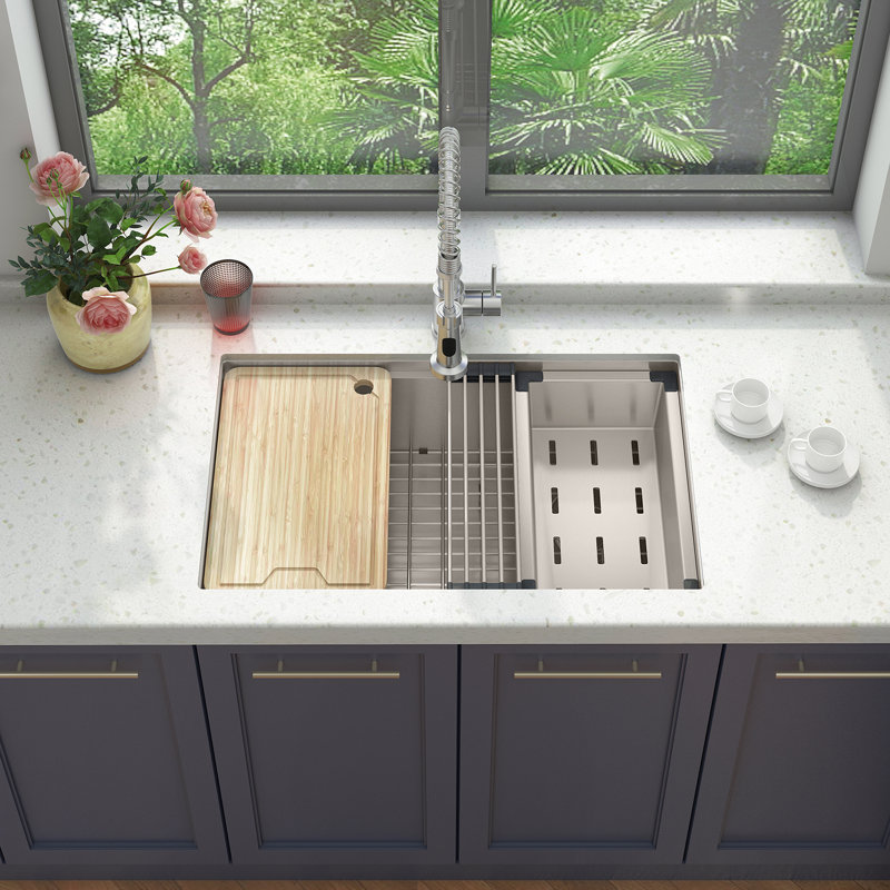 Sinber 30" Undermount Single Bowl Workstation Kitchen Sink with 304 Stainless Steel
