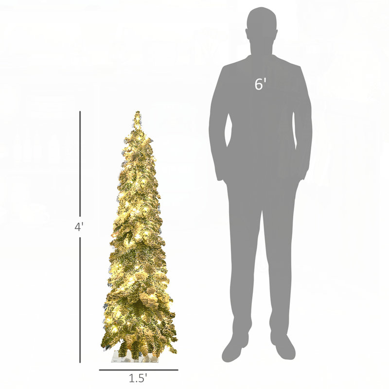 Arbre de Noël artificiel de 4 pi avec 225 branches floquées enneigées et 100 lumières à DEL blanc chaud ou coloré, forme Downswept pour une décoration des Fêtes facile
