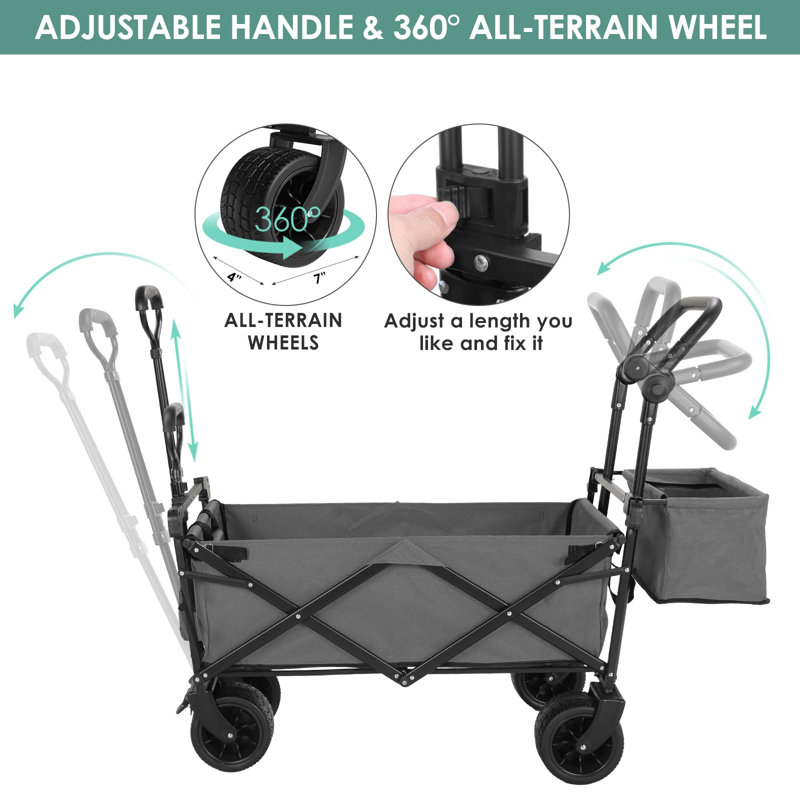 Extra Large Collapsible Wagon W/removable Canopy, 250lbs Foldable Garden Cart W/rear Storage, Big Wheel&adjustable Handles