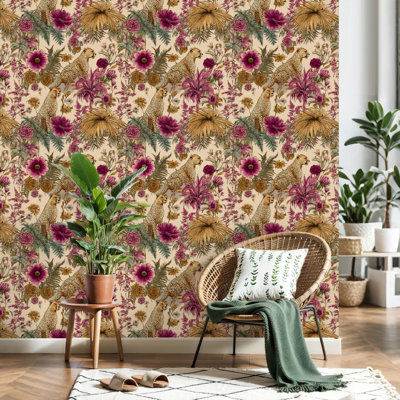 Peel and Stick Wallpaper Elegant Cheetah Floral Vibrant Purple Gold Flowers Contact Paper Removable Self Adhesive Wall Mural Wall Decor for Bedroom Kitchen Cabinets 24in x 118in
