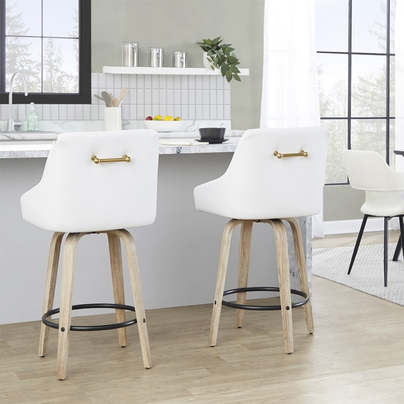 Tabouret de comptoir 26 po à hauteur fixe avec pivot en bois lavé, similicuir et métal doré avec repose-pieds arrondi en métal - ensemble de 2