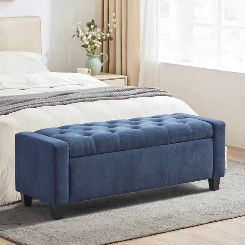 Dark Blue Upholstered Storage Ottoman Bench with Solid Wood Legs