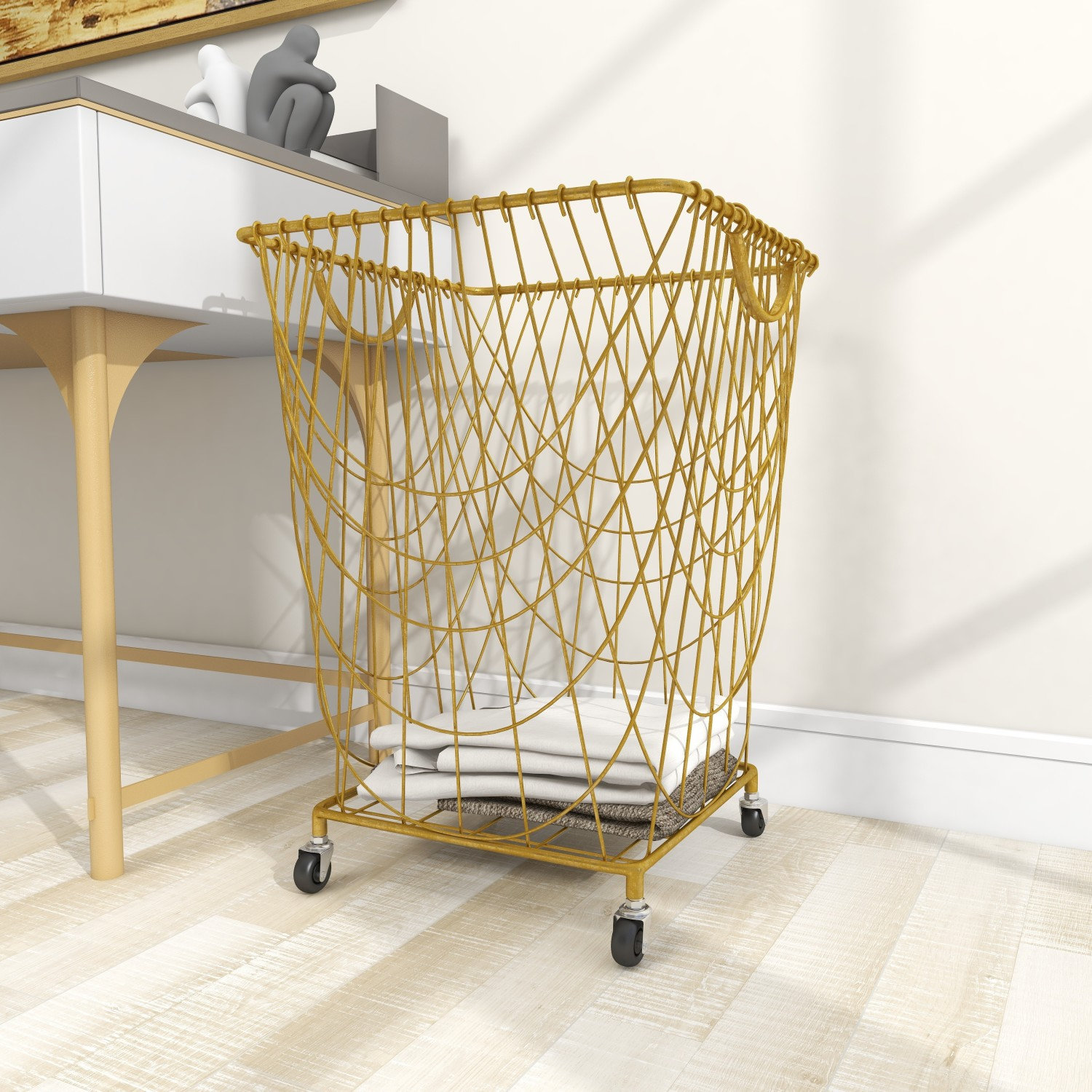 Metal Mesh Rolling Laundry Cart, Gold, Medium ( 24" H x 16.85" W x 16.55" D)