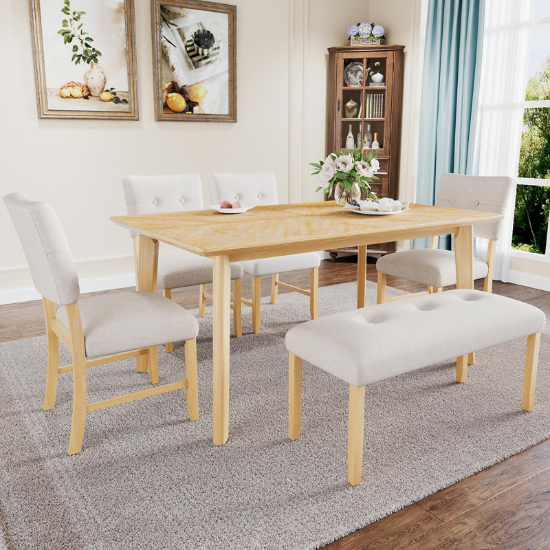 Ensemble de table de salle à manger 6 pièces, table de salle à manger rustique de style campagnard avec 4 chaises rembourrées et banc, ensemble de table de salle à manger en bois massif pour 6 personnes (assemblage facile, bois naturel délavé)