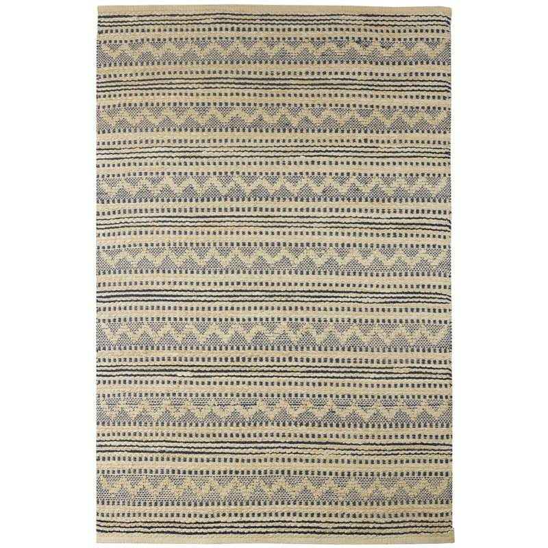 Tapis rayé bleu et beige à chevrons, Rectangle 7 pi 9 po x 9 pi 9 po