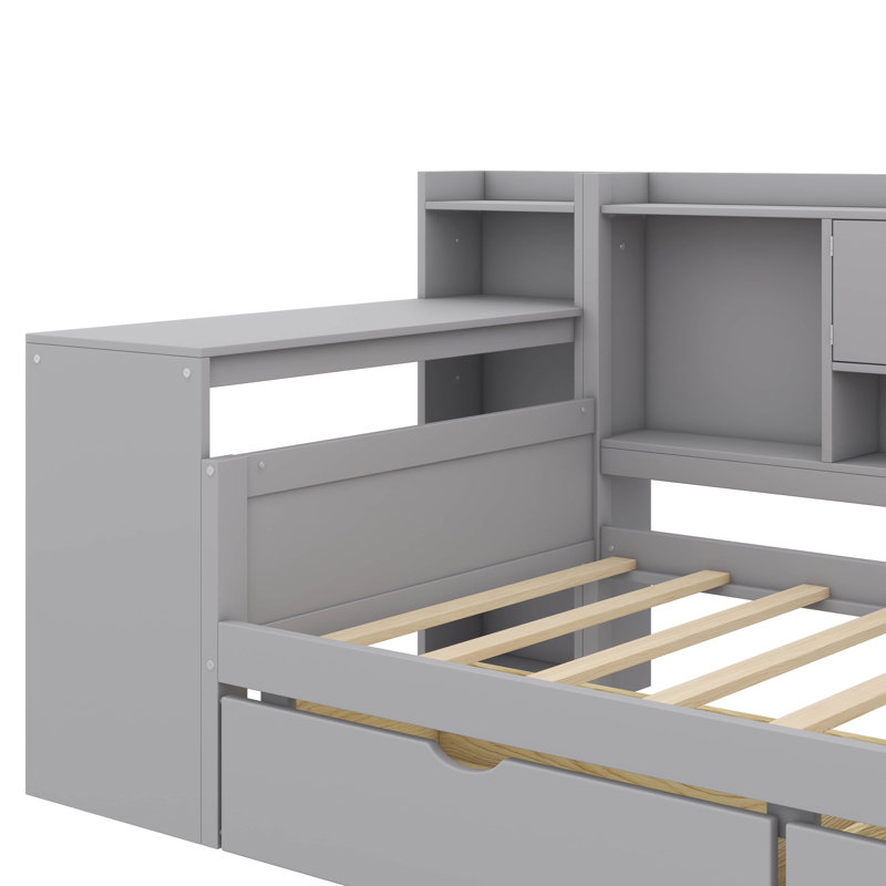 Lit de jour en L en bois avec sept armoires de rangement et deux tiroirs de rangement, lit multifonctionnel avec bureau d'étude