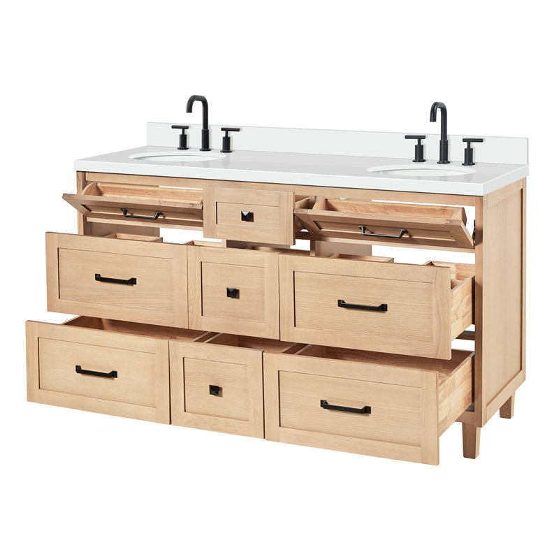 Meuble-lavabo double avec comptoir ARIEL, Chêne, 60" - 61", Quartz blanc pur