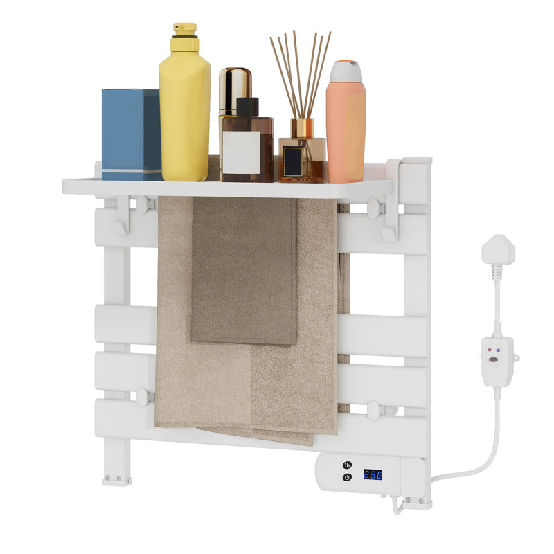 Electric Heated Towel Rail with Timer, Bathroom Warmer Ladder Radiator with Adjustable Storage Shelf