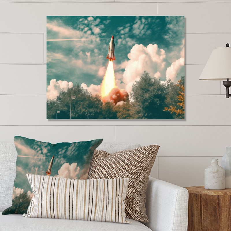 Spaceship Rocket In Florida I - Décoration murale moderne en métal, H 30 po x l 40 po x P 1 po