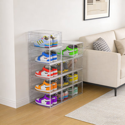 Modular Stackable Shoe Storage Boxes With Magnetic Doors - 12-Piece Set