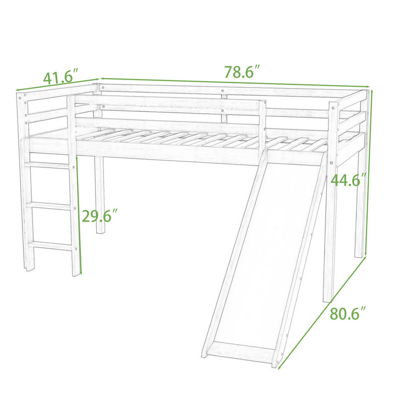 Twin Low Loft Bed With Slide, Ladder And Guardrails, White